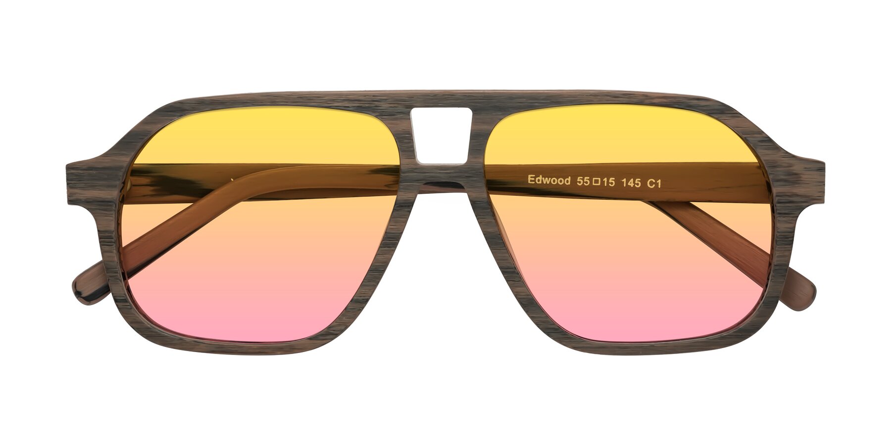 Folded Front of Edwood in Burnt Tan Woodgrain with Yellow / Pink Gradient Lenses