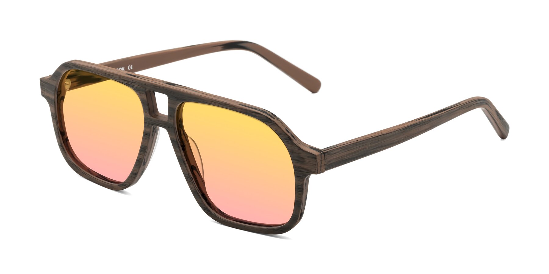 Angle of Edwood in Burnt Tan Woodgrain with Yellow / Pink Gradient Lenses