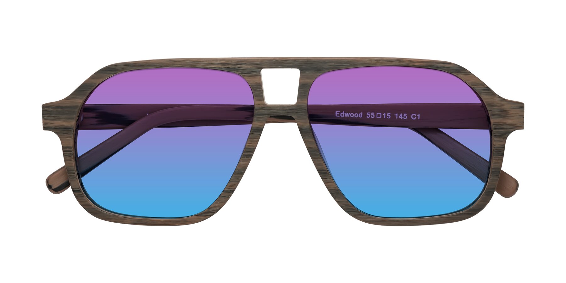 Folded Front of Edwood in Burnt Tan Woodgrain with Purple / Blue Gradient Lenses