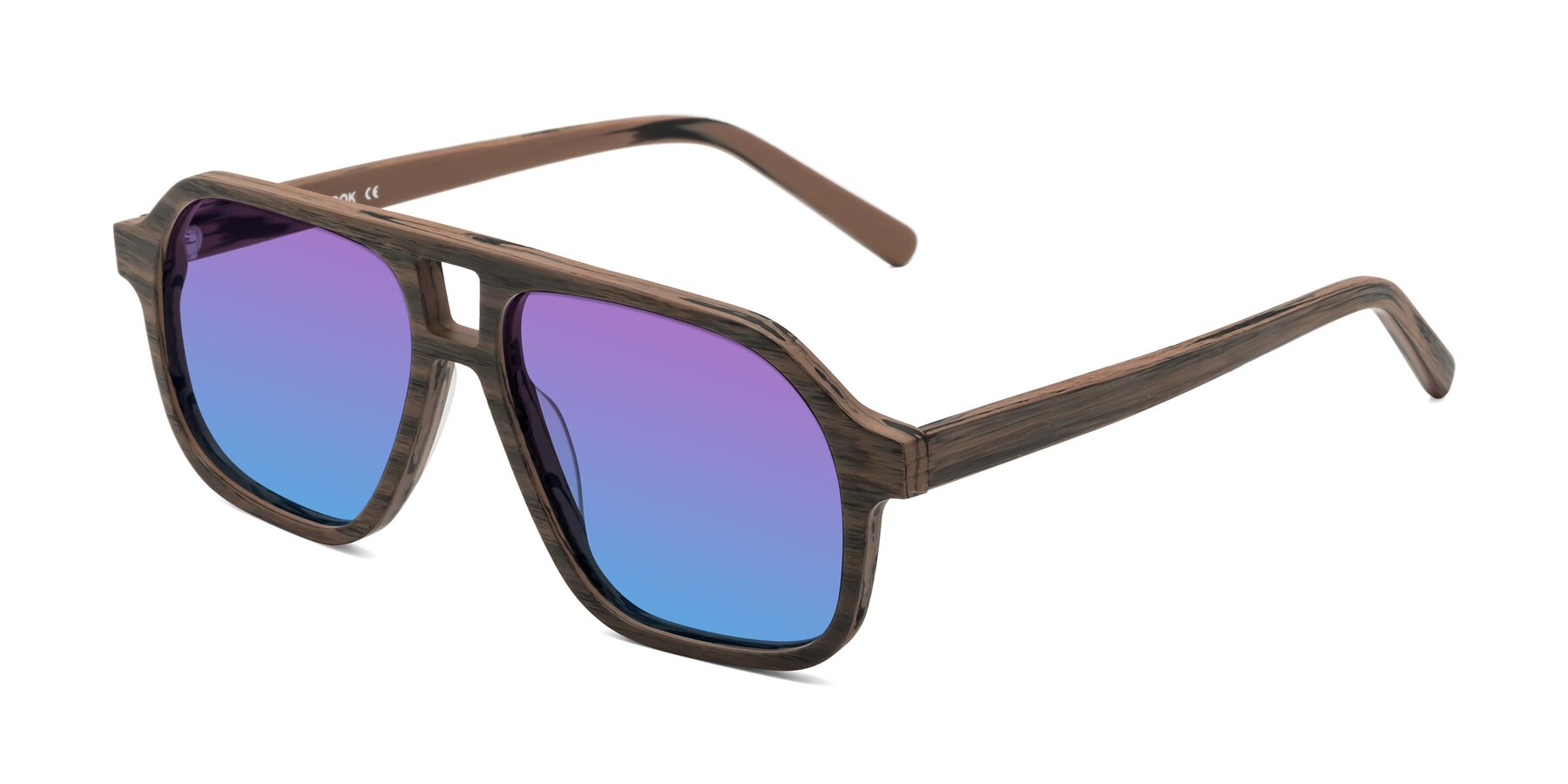 Angle of Edwood in Burnt Tan Woodgrain with Purple / Blue Gradient Lenses