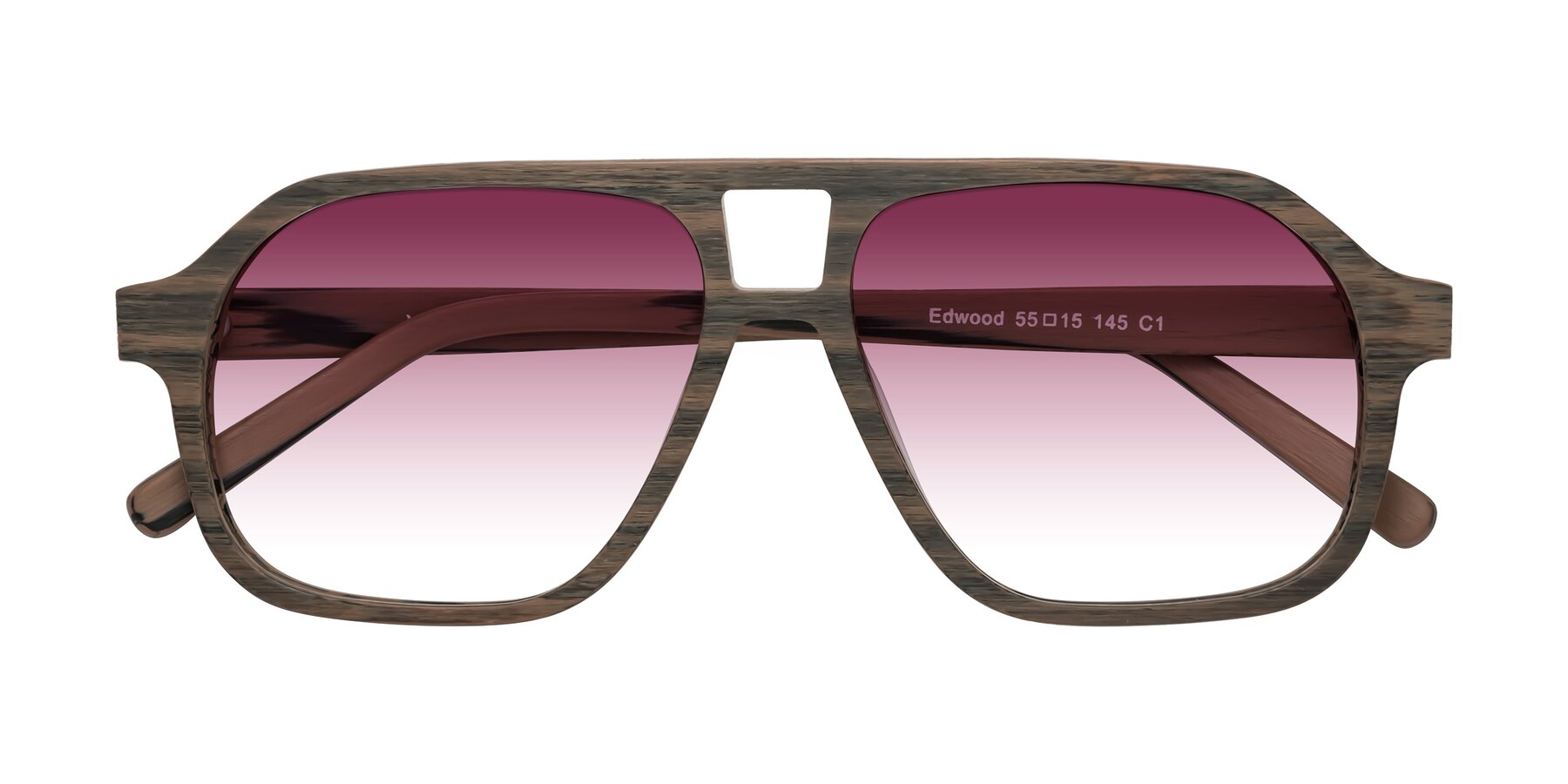 Folded Front of Edwood in Burnt Tan Woodgrain with Wine Gradient Lenses