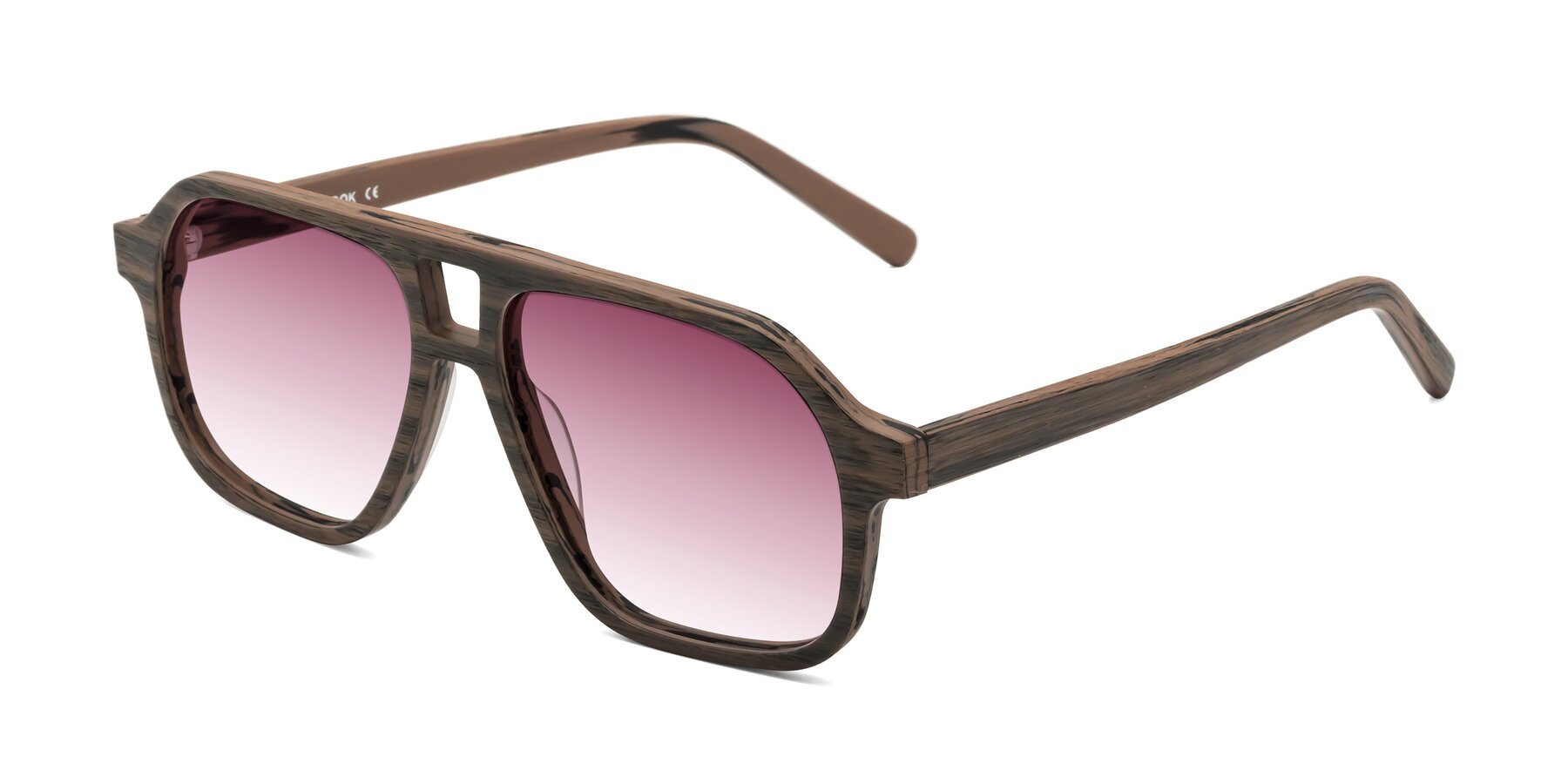 Angle of Edwood in Burnt Tan Woodgrain with Wine Gradient Lenses