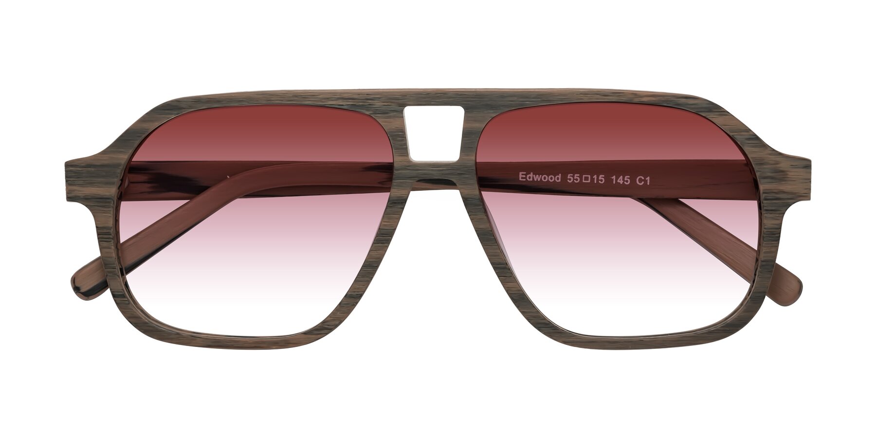 Folded Front of Edwood in Burnt Tan Woodgrain with Garnet Gradient Lenses