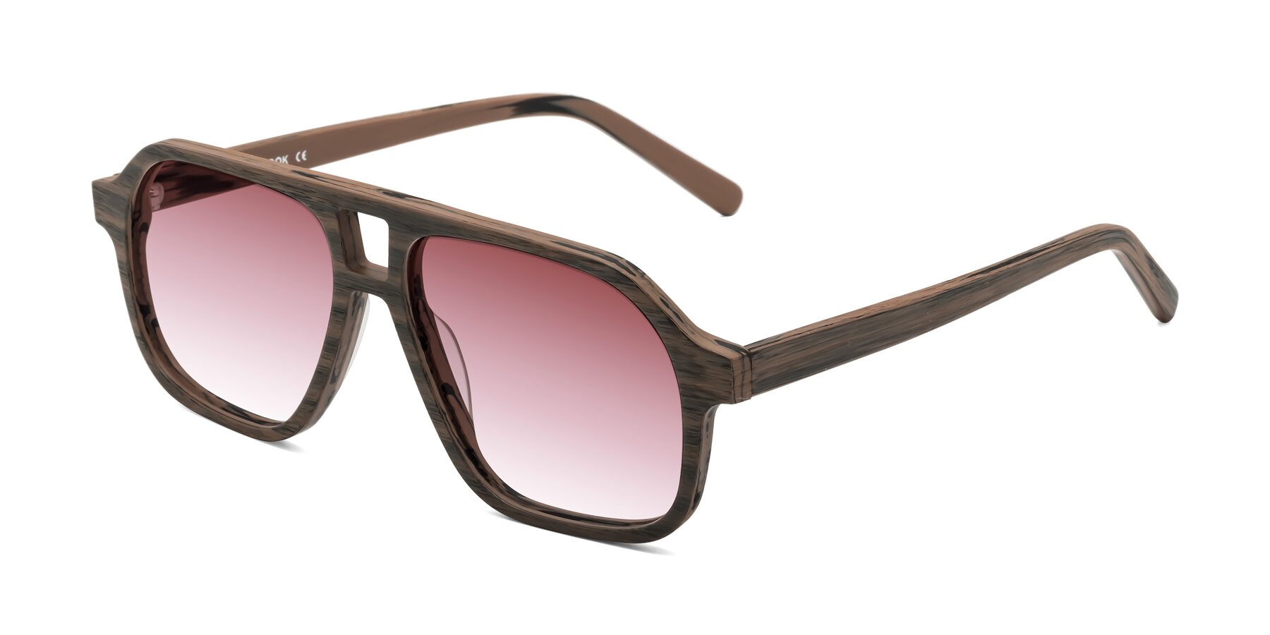 Angle of Edwood in Burnt Tan Woodgrain with Garnet Gradient Lenses