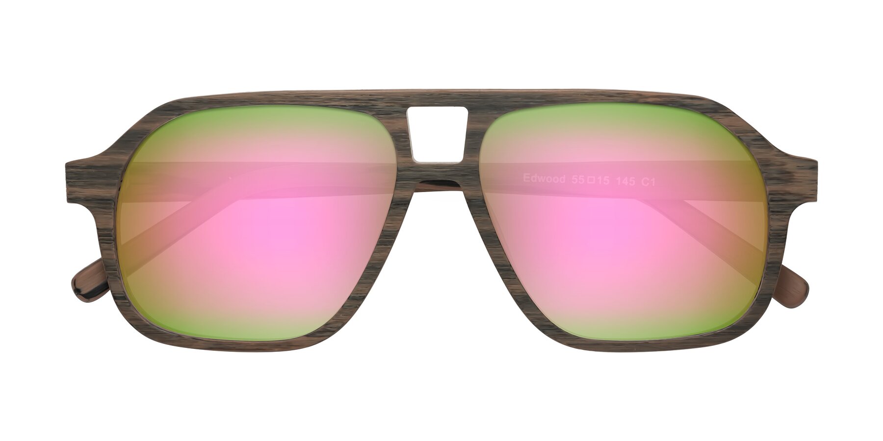 Folded Front of Edwood in Burnt Tan Woodgrain with Pink Mirrored Lenses