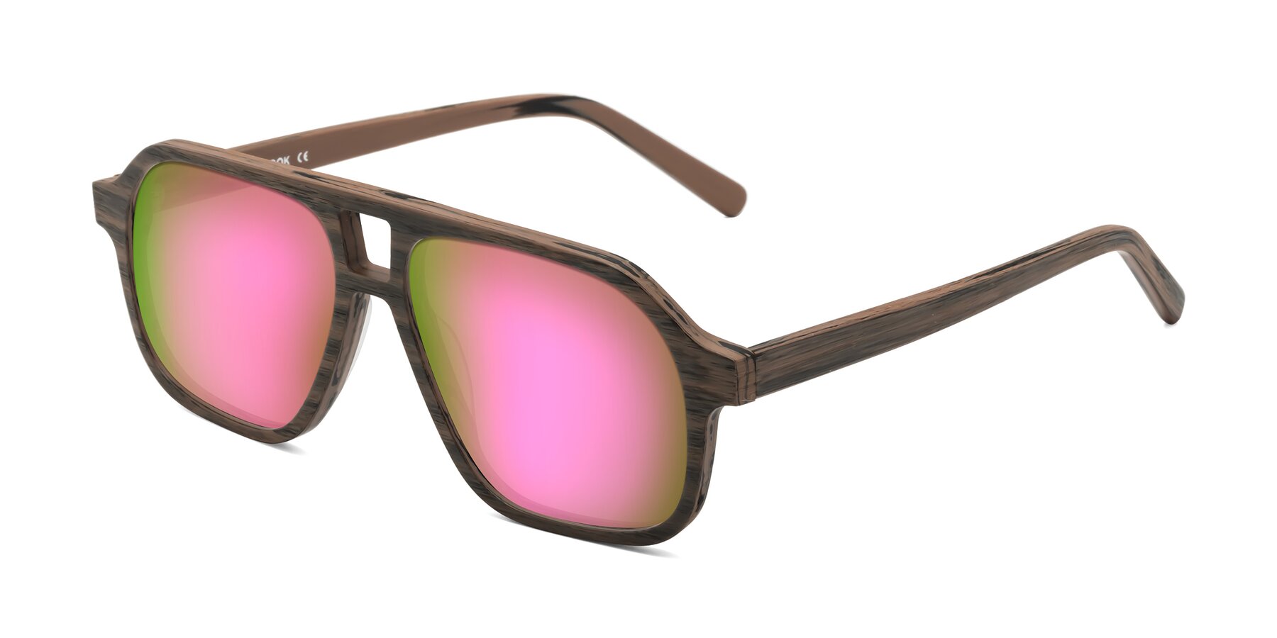 Angle of Edwood in Burnt Tan Woodgrain with Pink Mirrored Lenses