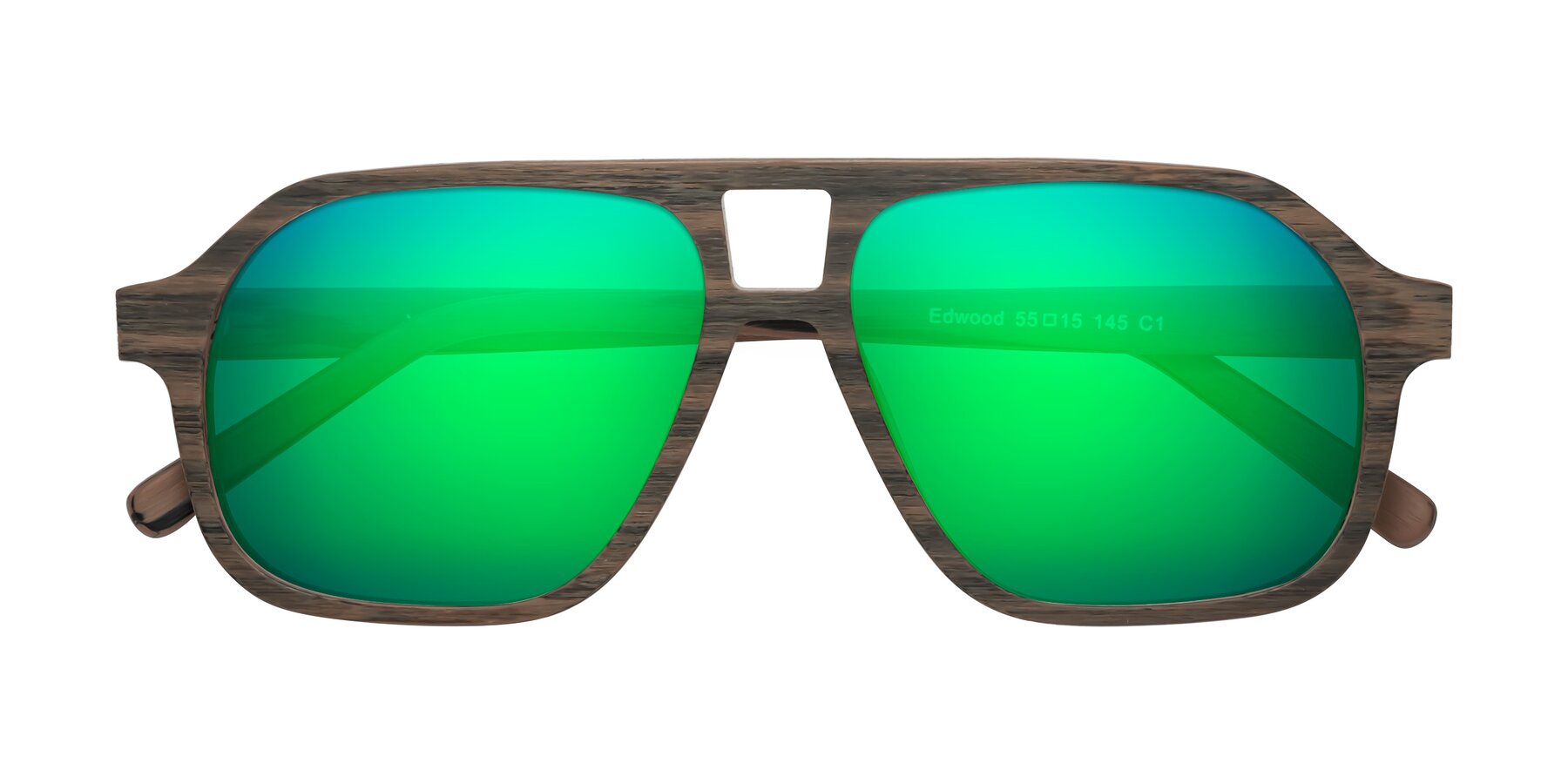 Folded Front of Edwood in Burnt Tan Woodgrain with Green Mirrored Lenses