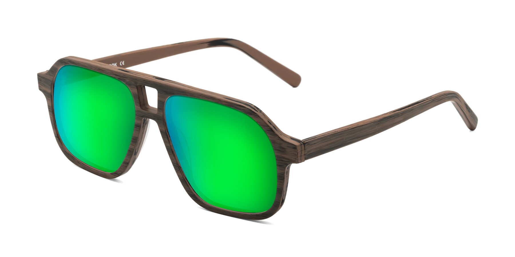 Angle of Edwood in Burnt Tan Woodgrain with Green Mirrored Lenses