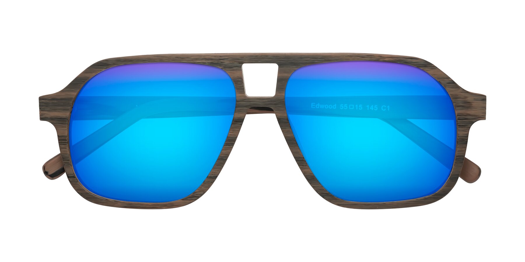 Folded Front of Edwood in Burnt Tan Woodgrain with Blue Mirrored Lenses