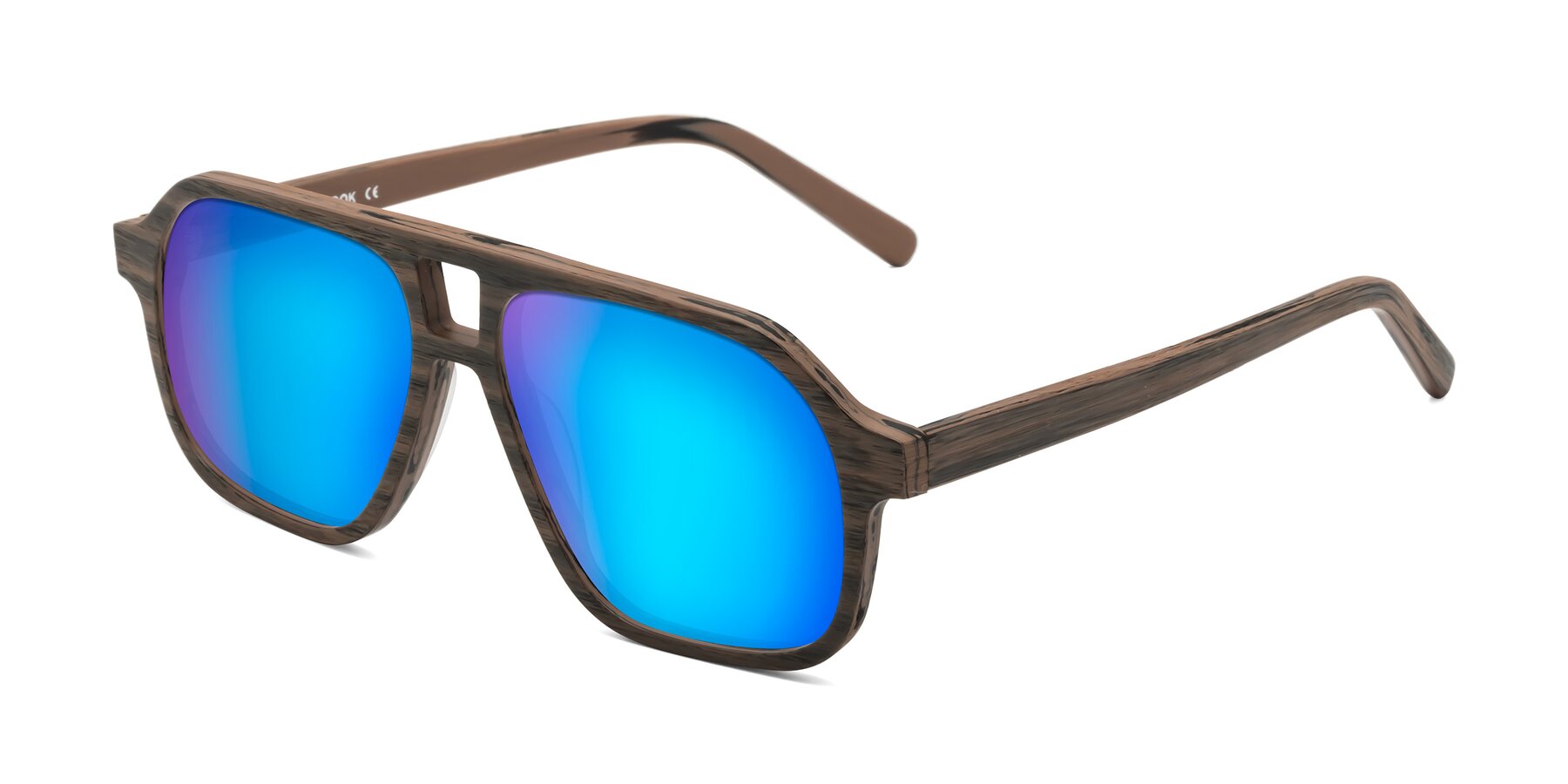 Angle of Edwood in Burnt Tan Woodgrain with Blue Mirrored Lenses