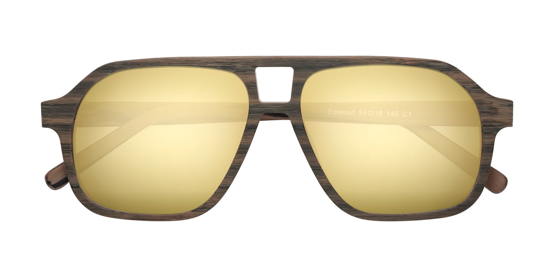 Folded Front of Edwood in Burnt Tan Woodgrain with Gold Mirrored Lenses