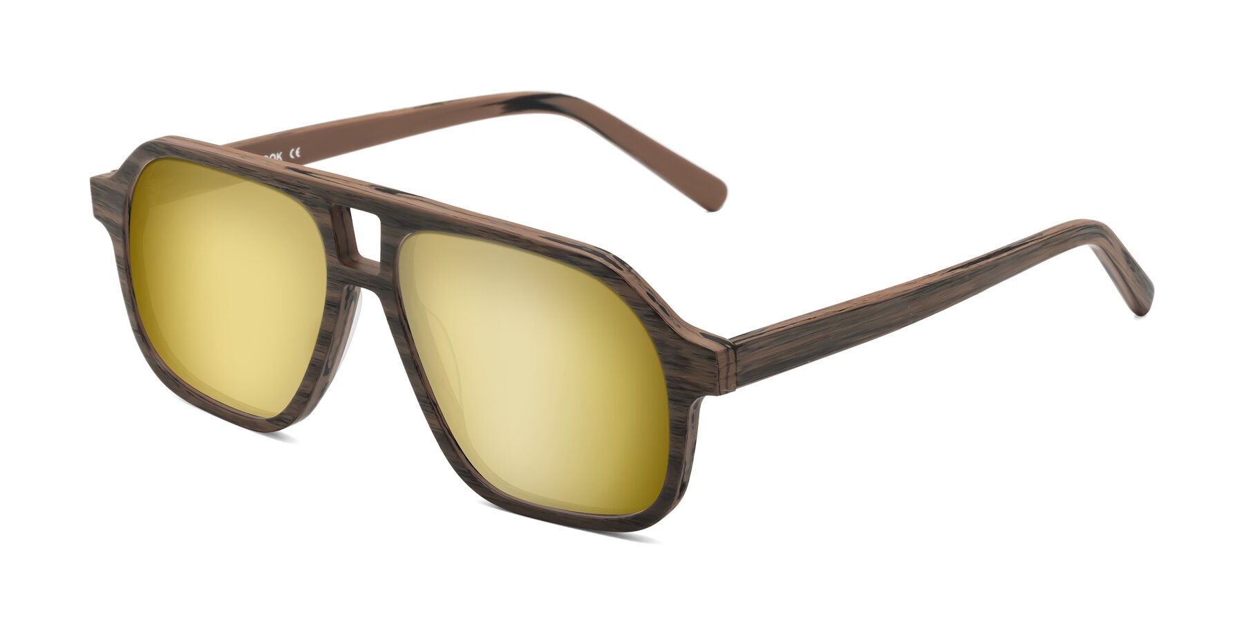 Angle of Edwood in Burnt Tan Woodgrain with Gold Mirrored Lenses