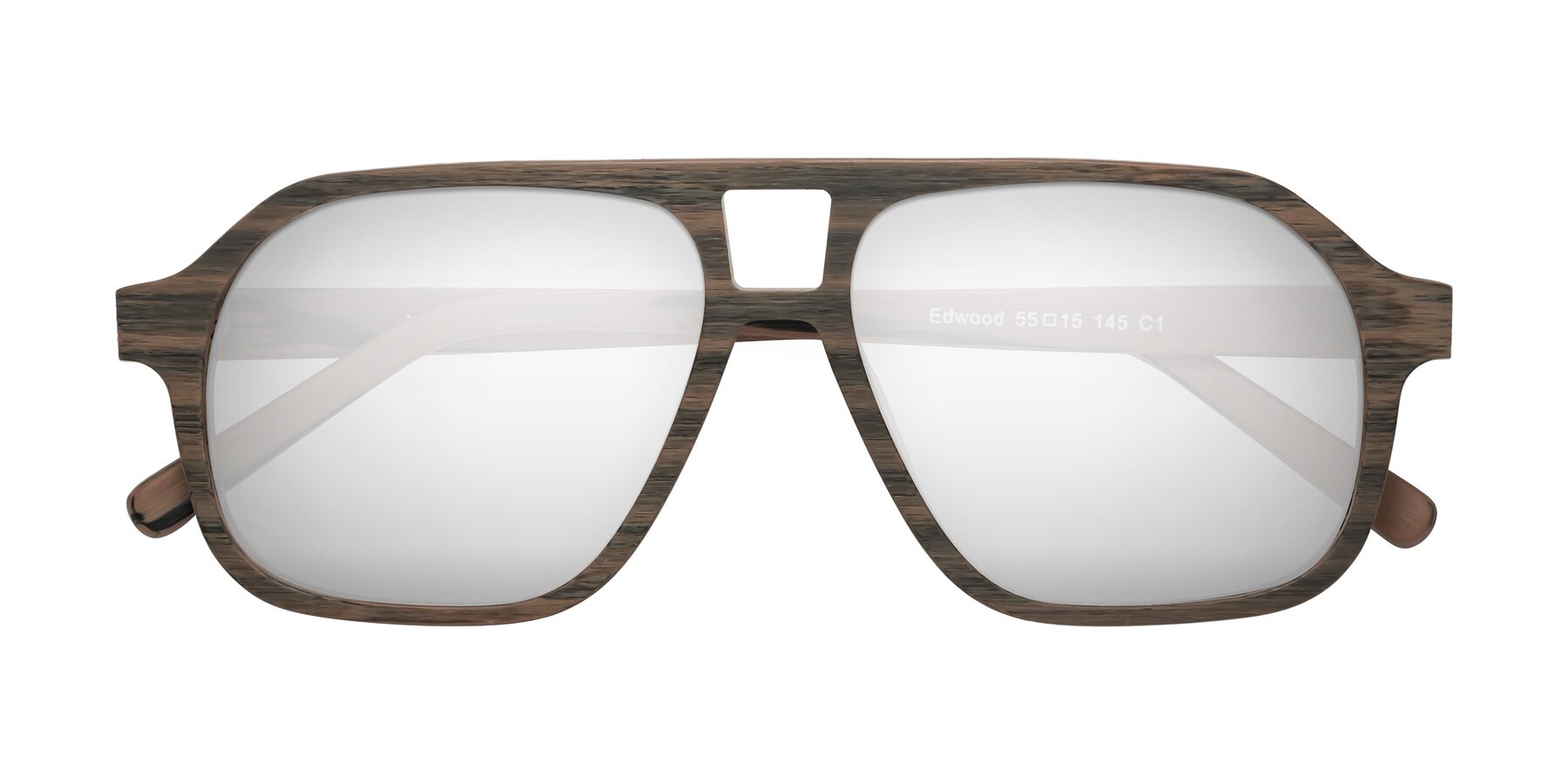 Folded Front of Edwood in Burnt Tan Woodgrain with Silver Mirrored Lenses