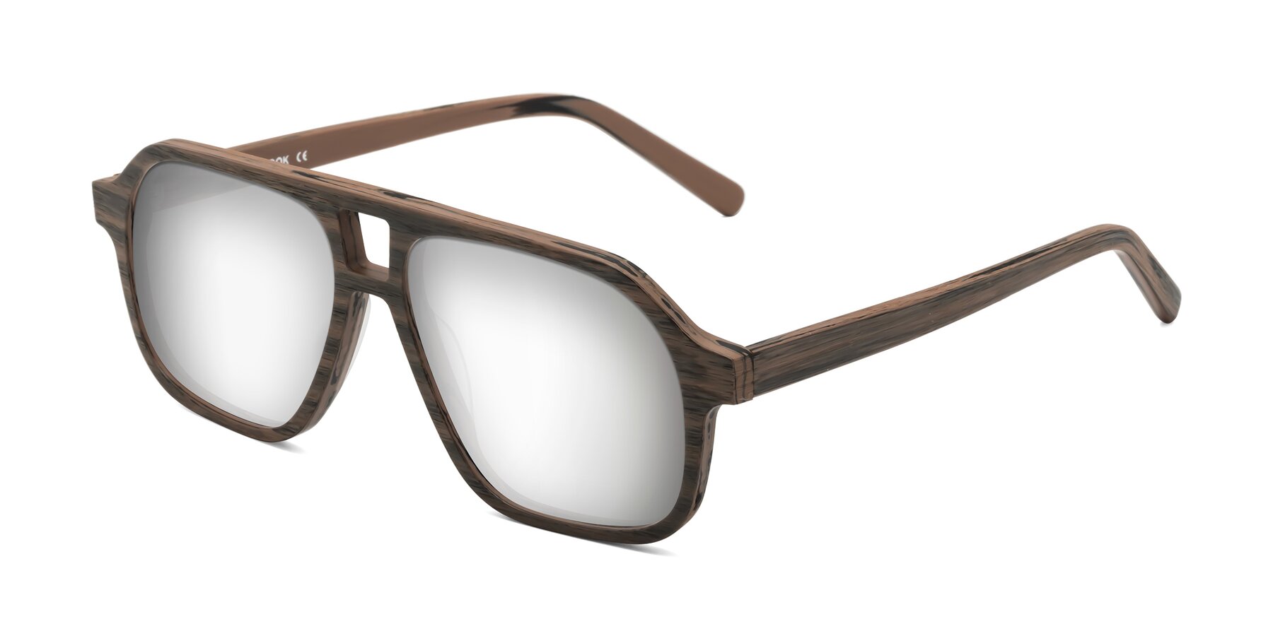 Angle of Edwood in Burnt Tan Woodgrain with Silver Mirrored Lenses