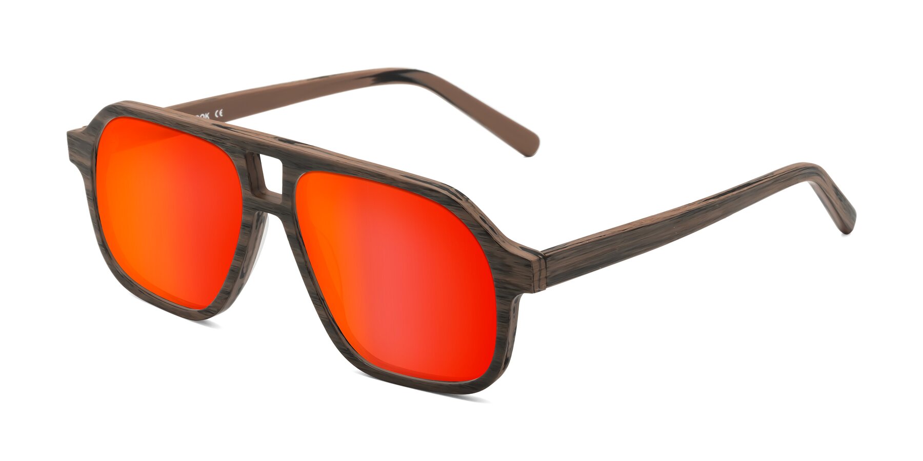 Angle of Edwood in Burnt Tan Woodgrain with Red Gold Mirrored Lenses