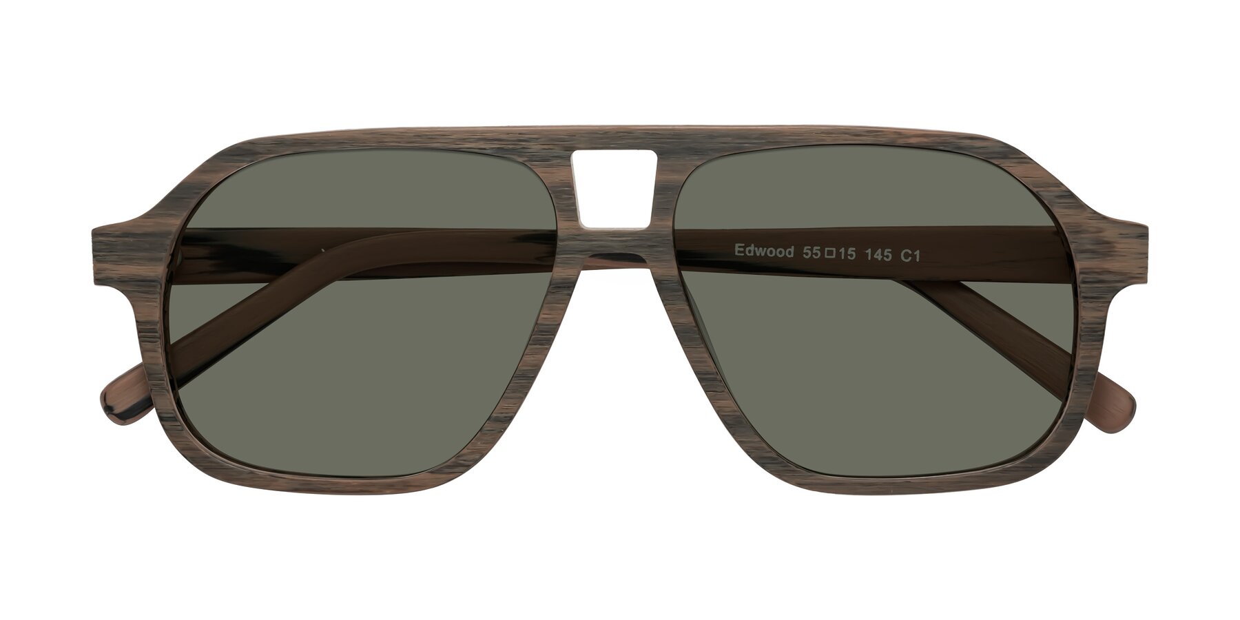 Folded Front of Edwood in Burnt Tan Woodgrain with Gray Polarized Lenses