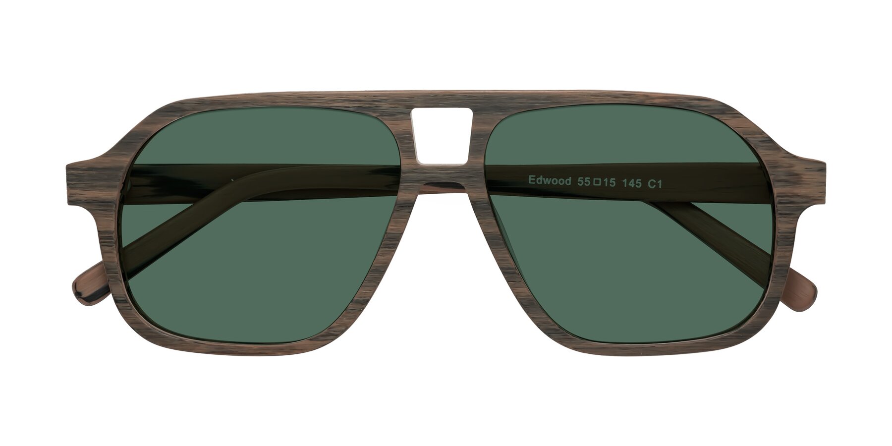 Folded Front of Edwood in Burnt Tan Woodgrain with Green Polarized Lenses