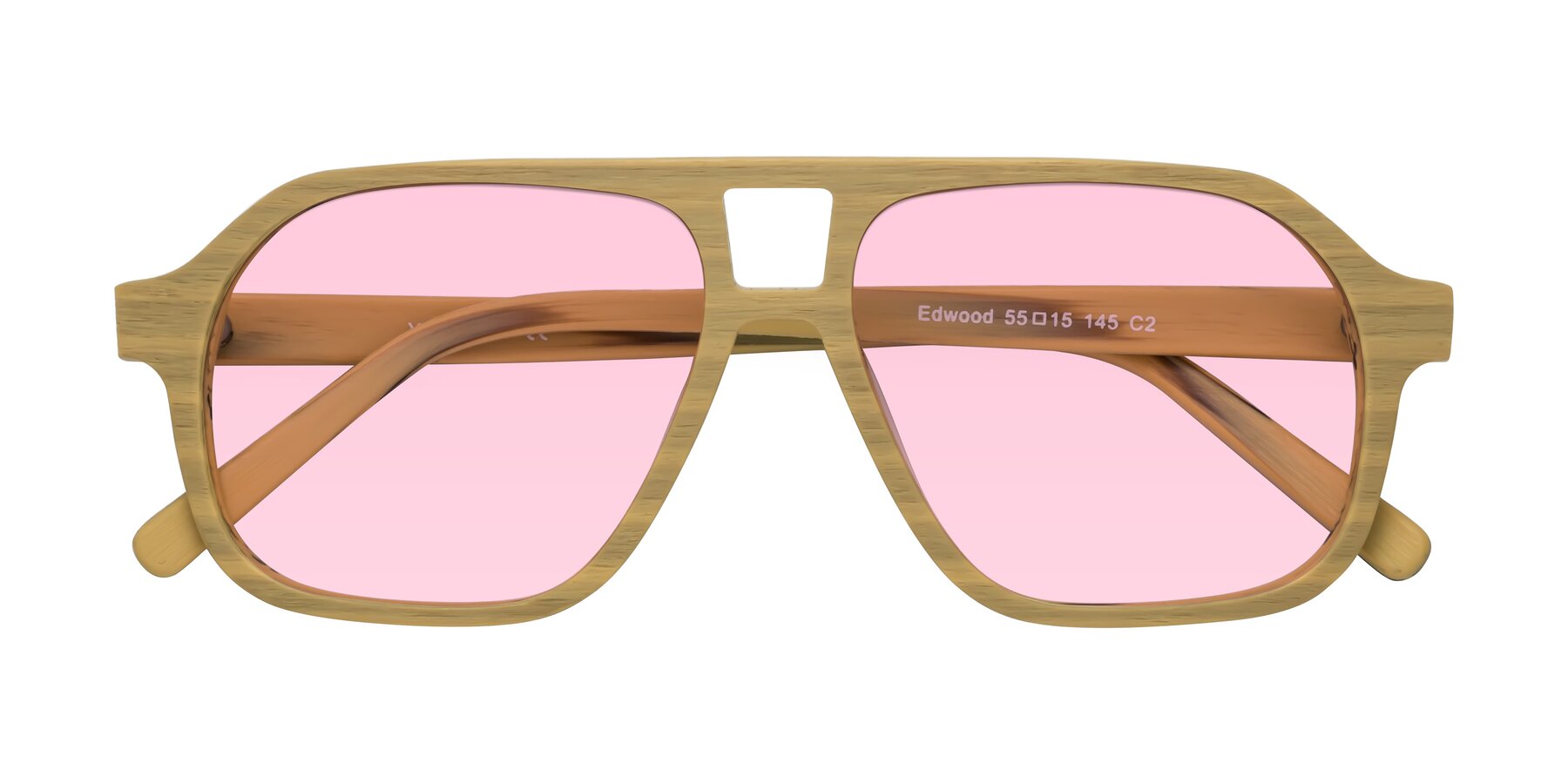 Folded Front of Edwood in Egg Yolk Woodgrain with Light Pink Tinted Lenses