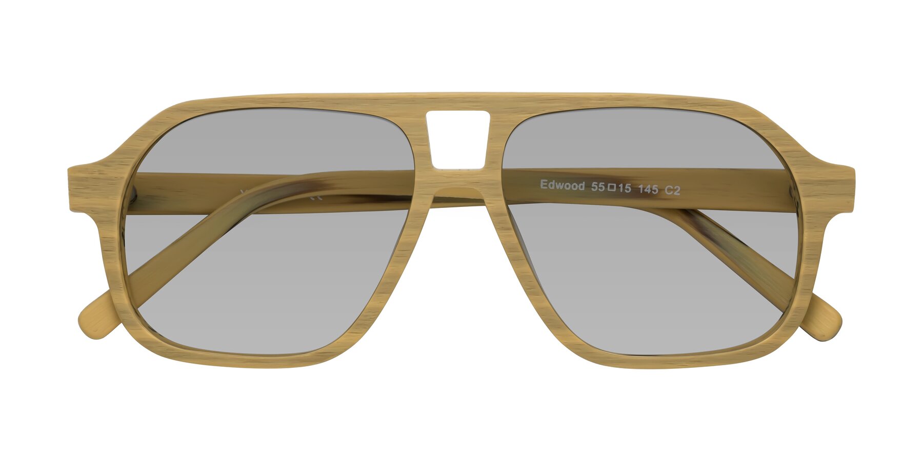 Folded Front of Edwood in Egg Yolk Woodgrain with Light Gray Tinted Lenses