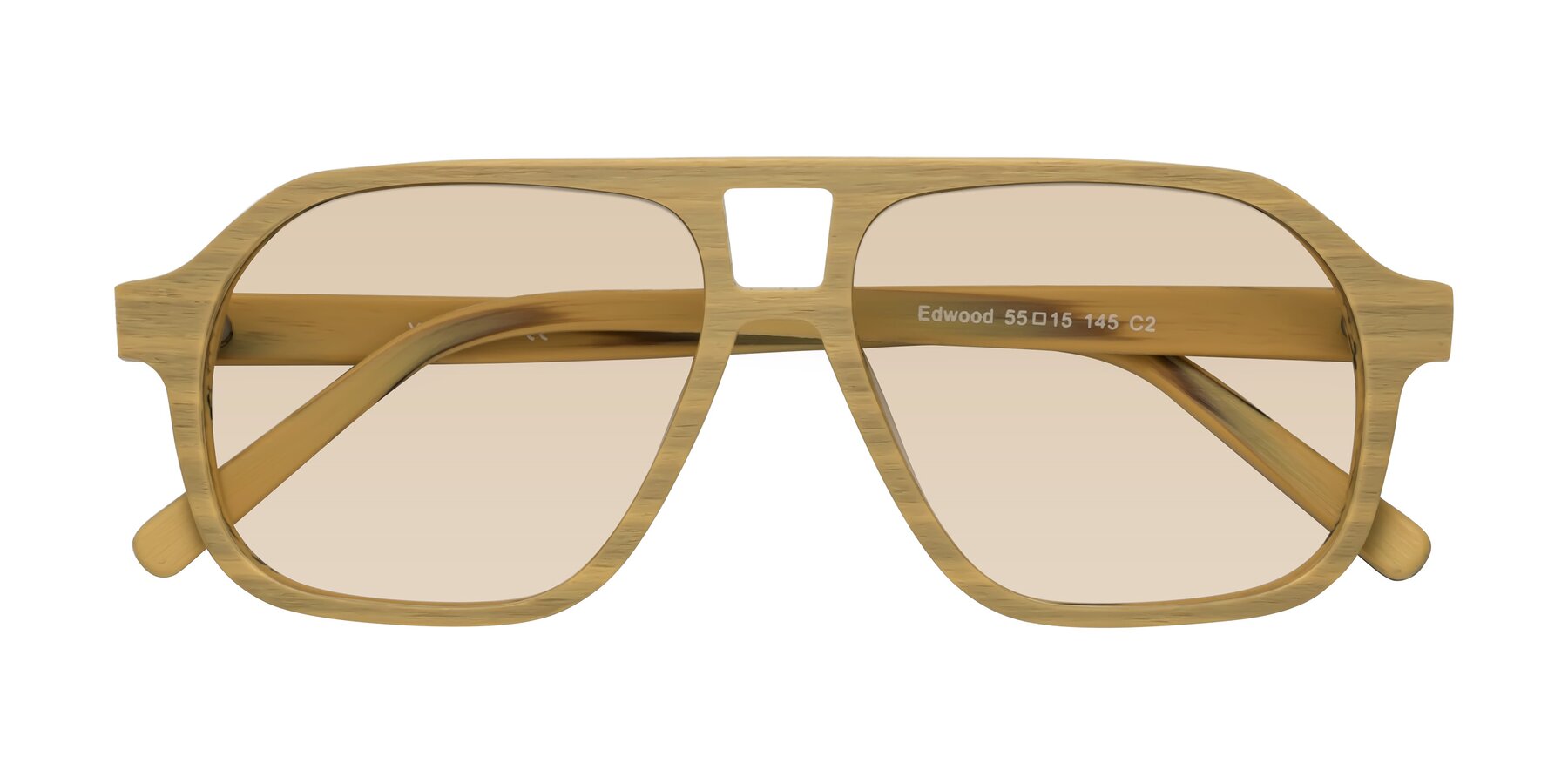 Folded Front of Edwood in Egg Yolk Woodgrain with Light Brown Tinted Lenses