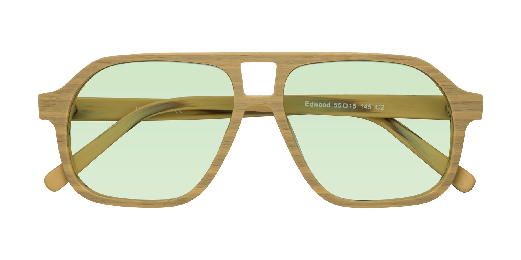 Folded Front of Edwood in Egg Yolk Woodgrain with Light Green Tinted Lenses