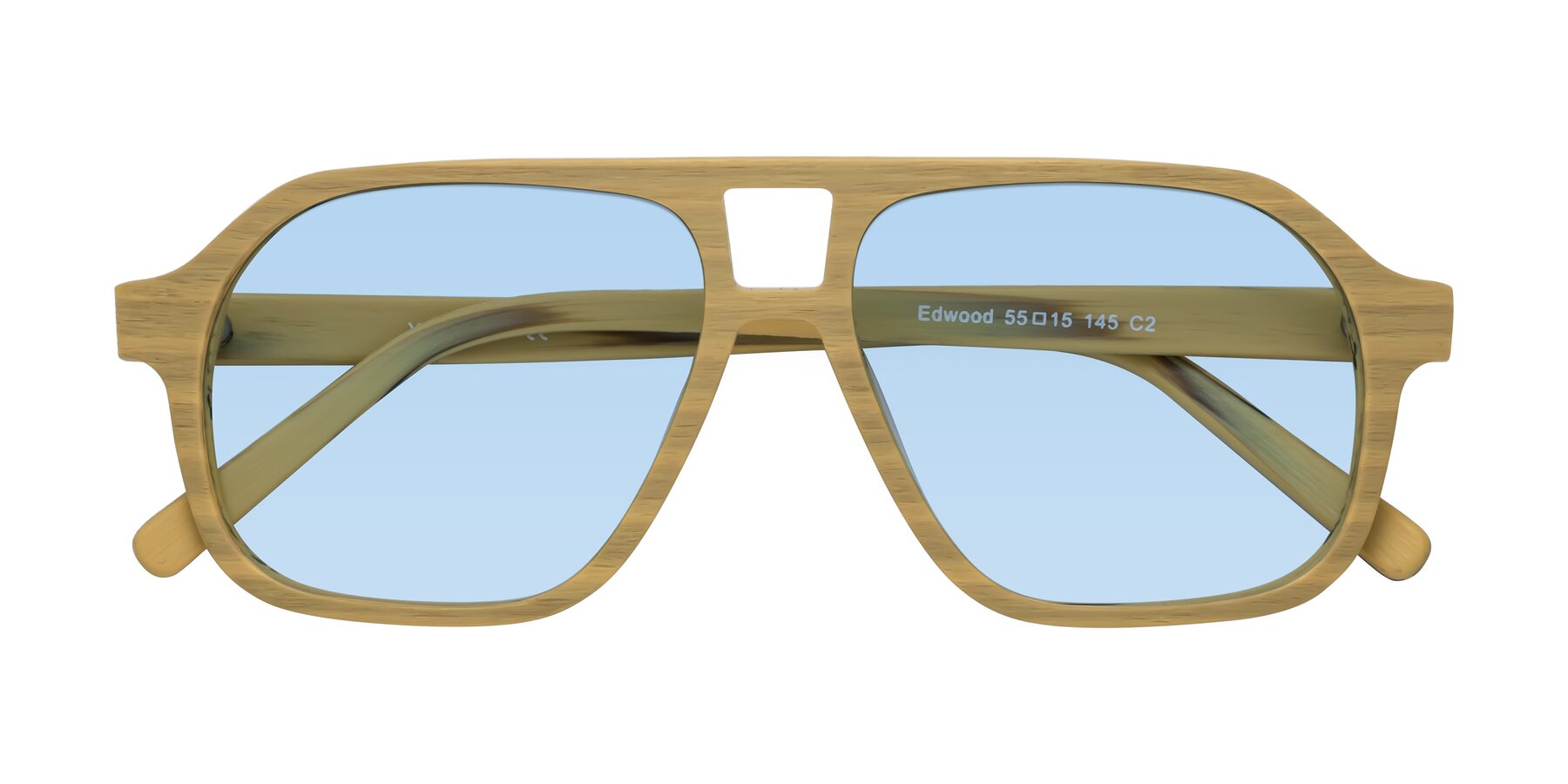 Folded Front of Edwood in Egg Yolk Woodgrain with Light Blue Tinted Lenses