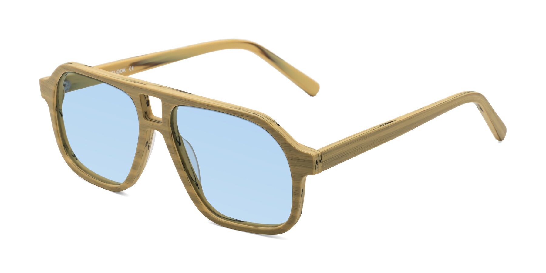 Angle of Edwood in Egg Yolk Woodgrain with Light Blue Tinted Lenses