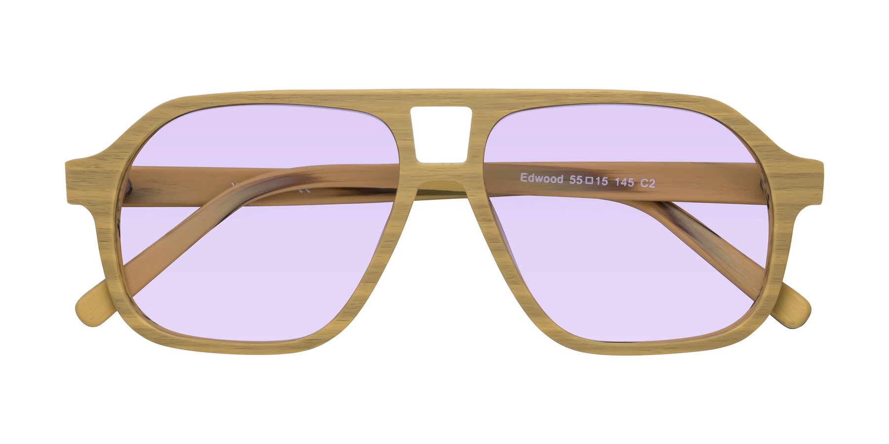 Folded Front of Edwood in Egg Yolk Woodgrain with Light Purple Tinted Lenses