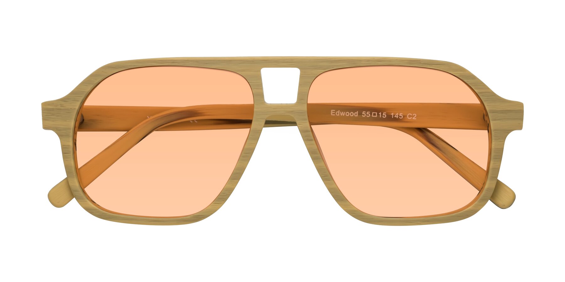 Folded Front of Edwood in Egg Yolk Woodgrain with Light Orange Tinted Lenses