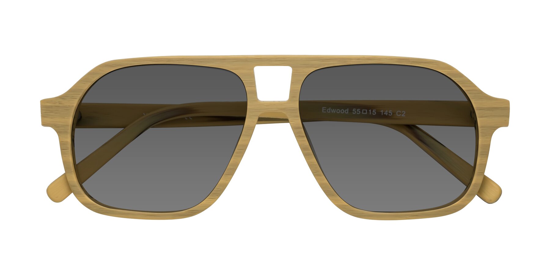 Folded Front of Edwood in Egg Yolk Woodgrain with Medium Gray Tinted Lenses