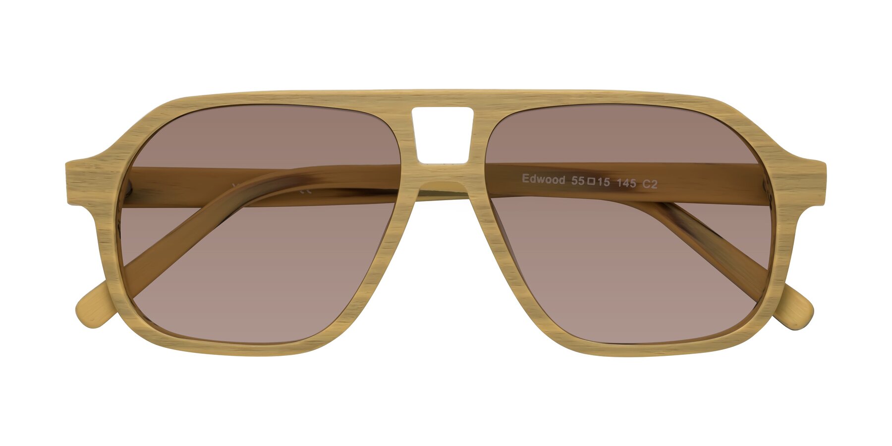 Folded Front of Edwood in Egg Yolk Woodgrain with Medium Brown Tinted Lenses