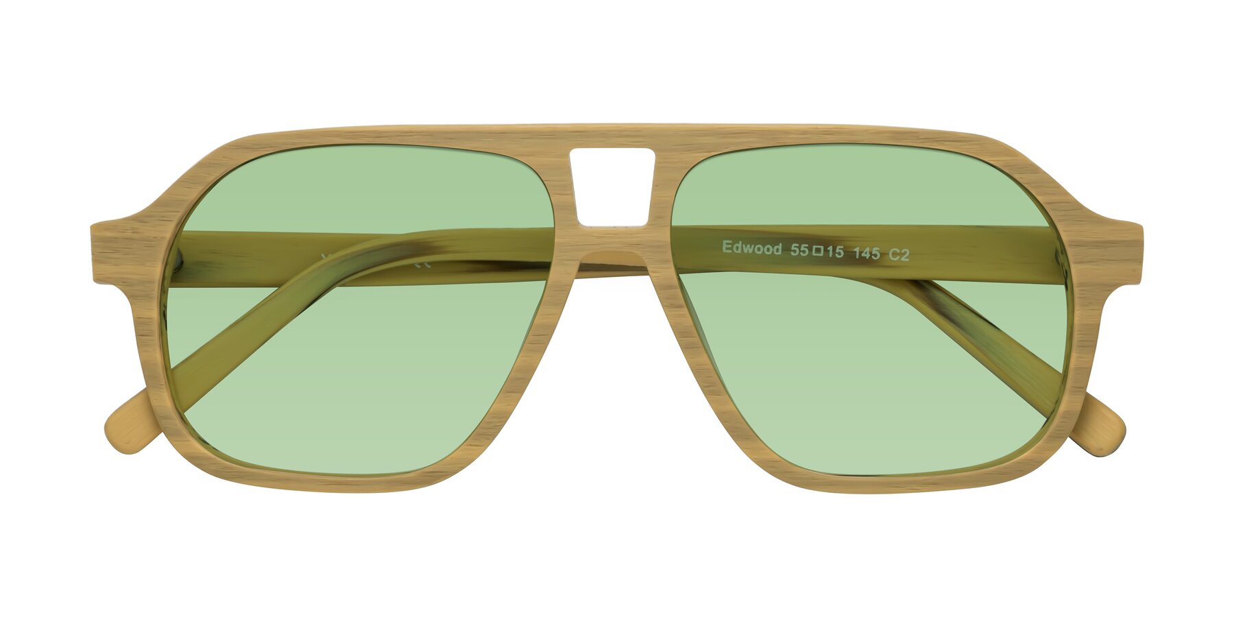 Folded Front of Edwood in Egg Yolk Woodgrain with Medium Green Tinted Lenses