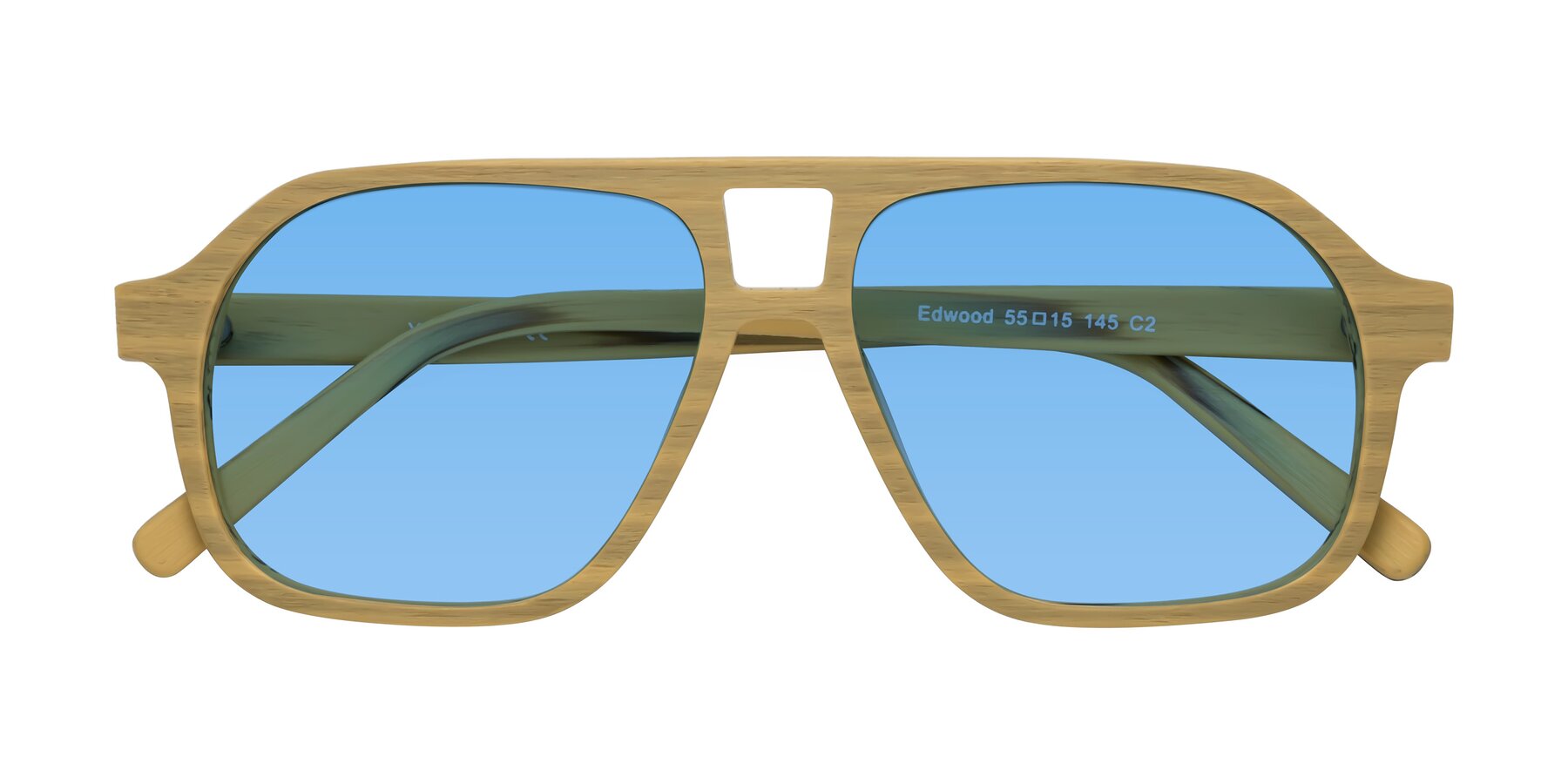 Folded Front of Edwood in Egg Yolk Woodgrain with Medium Blue Tinted Lenses