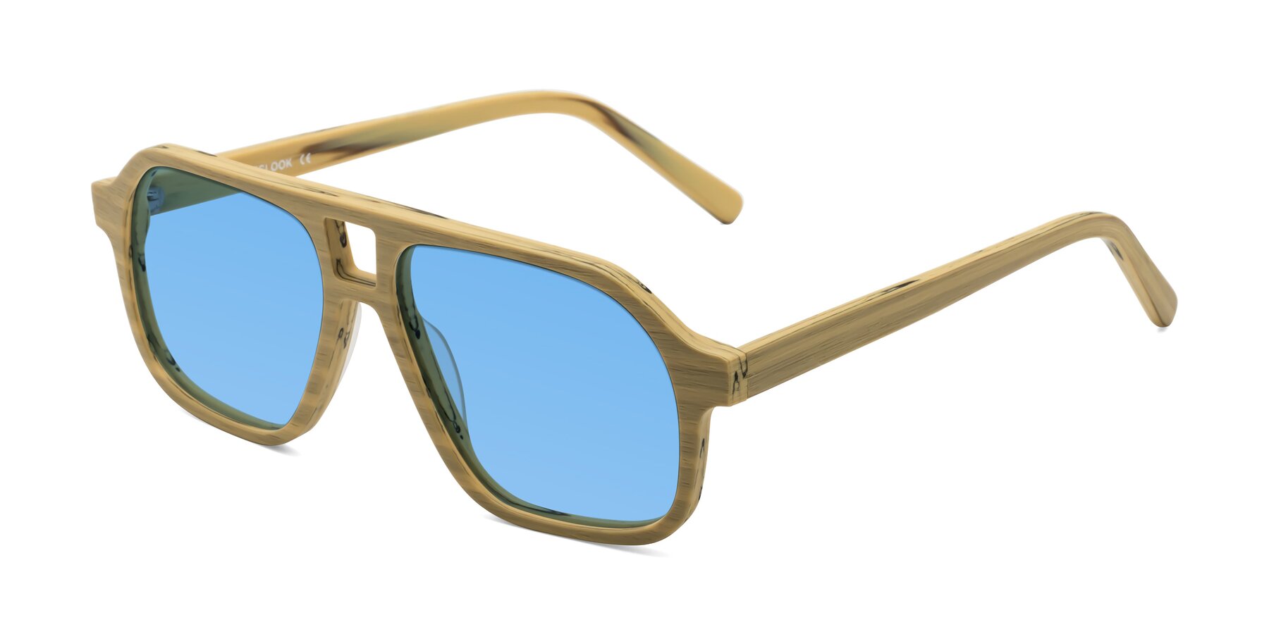 Angle of Edwood in Egg Yolk Woodgrain with Medium Blue Tinted Lenses