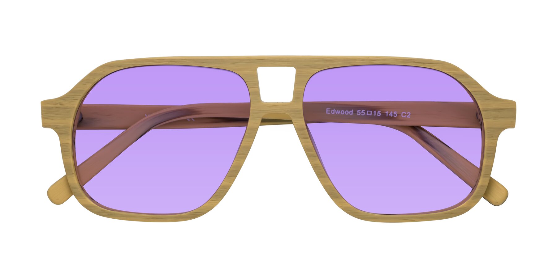 Folded Front of Edwood in Egg Yolk Woodgrain with Medium Purple Tinted Lenses