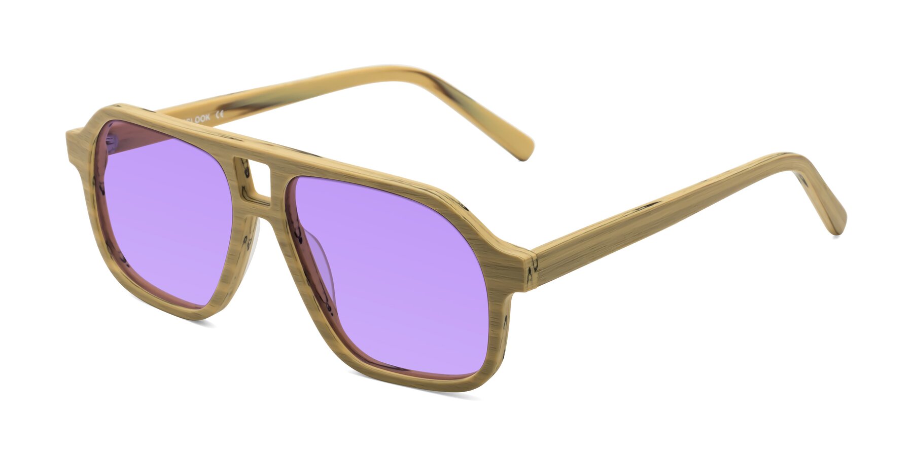 Angle of Edwood in Egg Yolk Woodgrain with Medium Purple Tinted Lenses