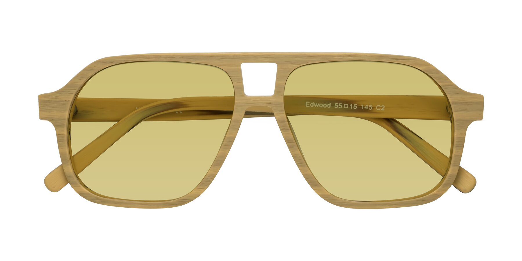 Folded Front of Edwood in Egg Yolk Woodgrain with Medium Champagne Tinted Lenses