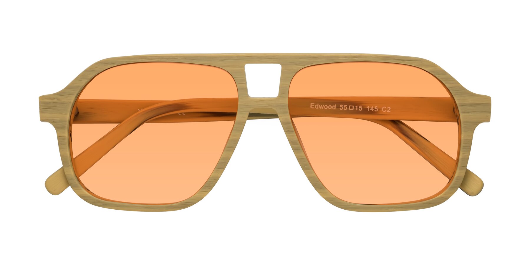 Folded Front of Edwood in Egg Yolk Woodgrain with Medium Orange Tinted Lenses