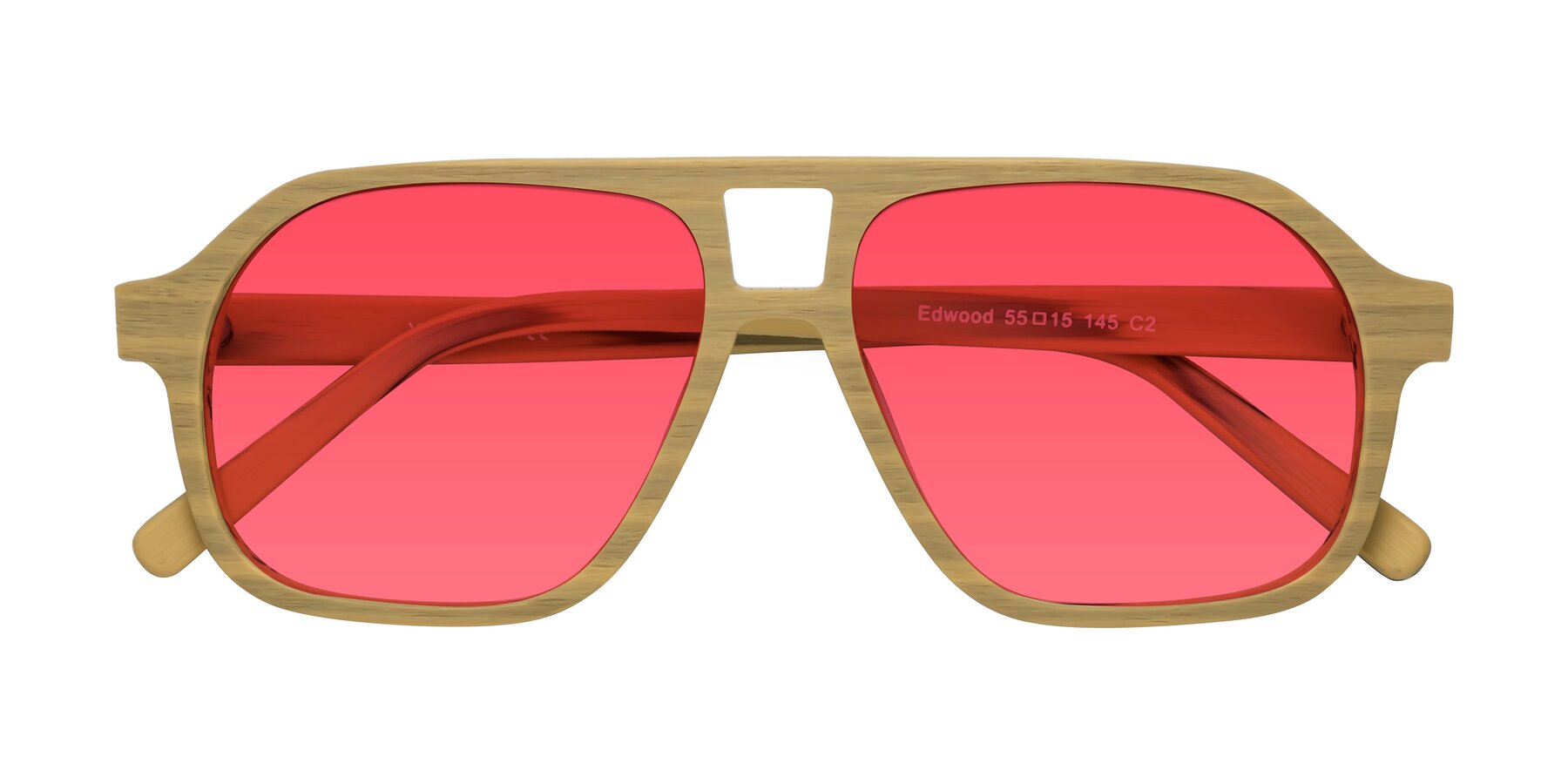 Folded Front of Edwood in Egg Yolk Woodgrain with Red Tinted Lenses