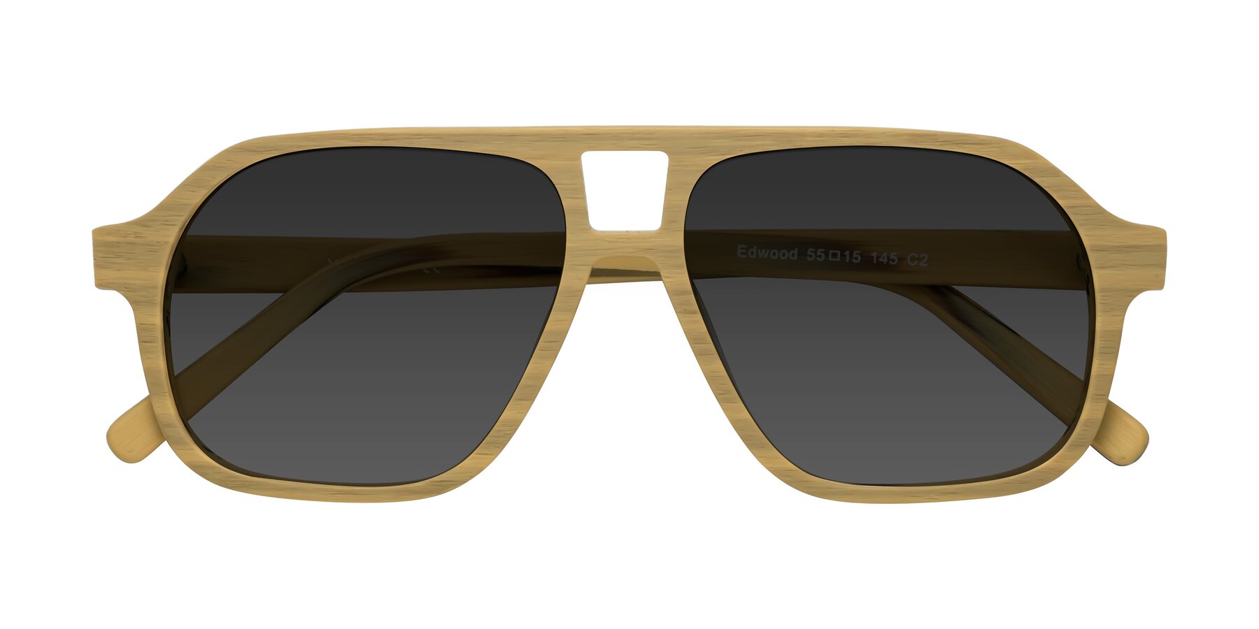 Folded Front of Edwood in Egg Yolk Woodgrain with Gray Tinted Lenses