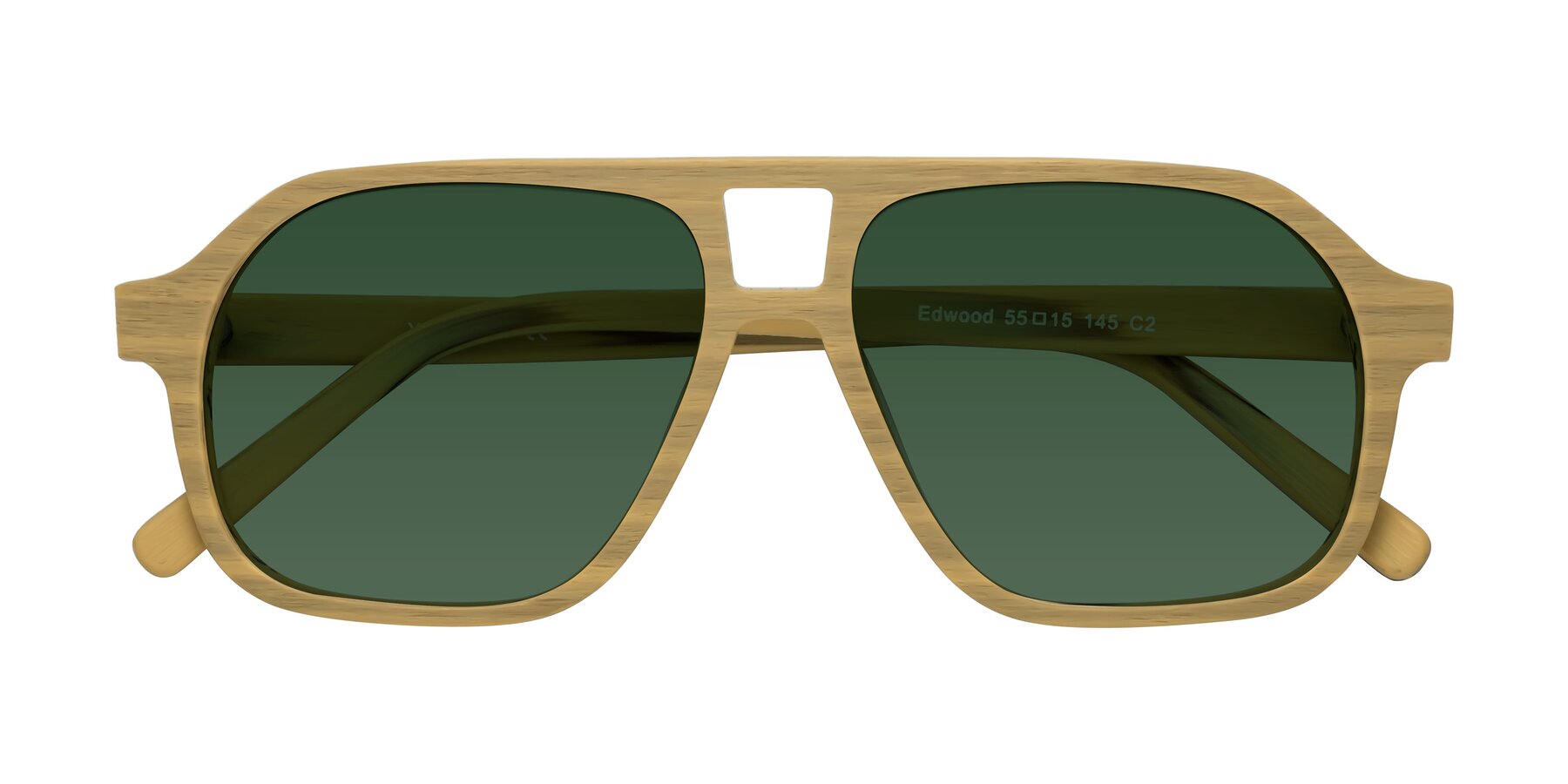 Folded Front of Edwood in Egg Yolk Woodgrain with Green Tinted Lenses