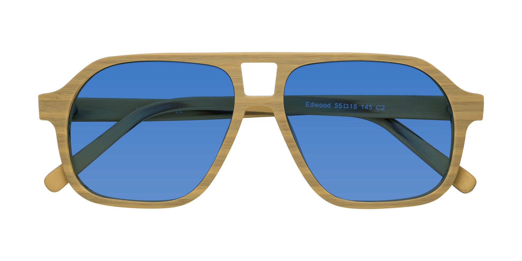 Folded Front of Edwood in Egg Yolk Woodgrain with Blue Tinted Lenses