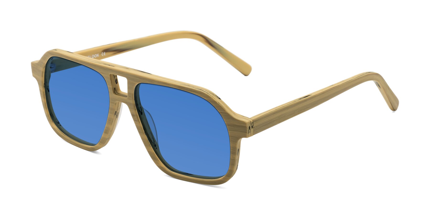 Angle of Edwood in Egg Yolk Woodgrain with Blue Tinted Lenses