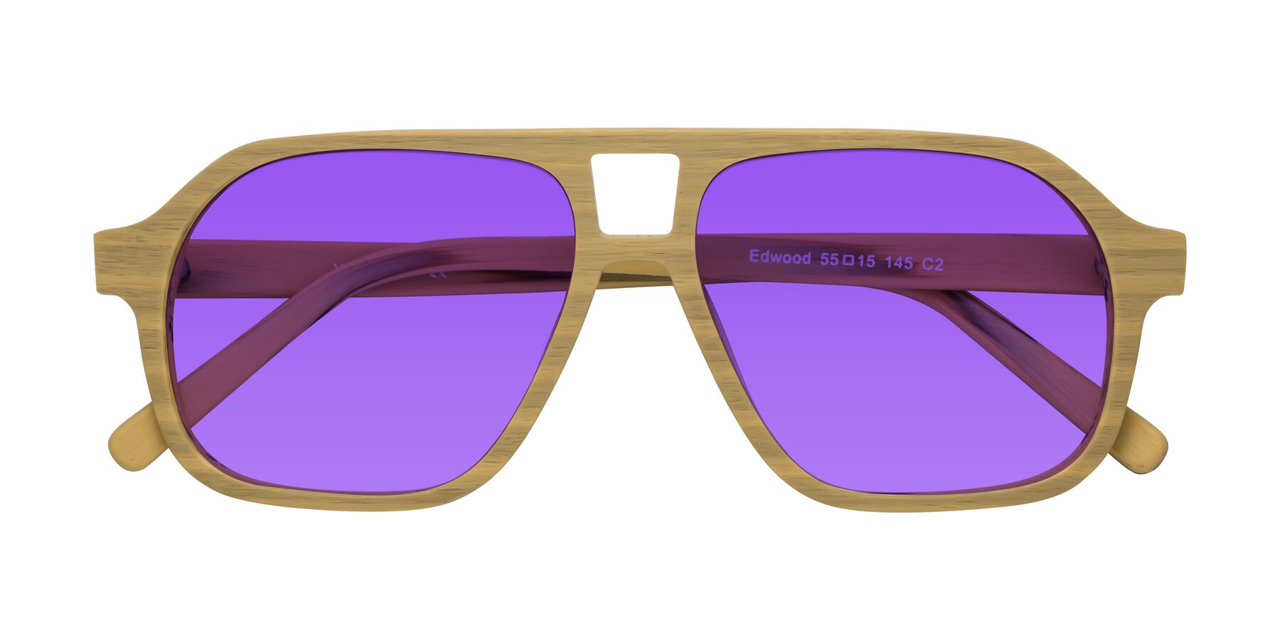 Folded Front of Edwood in Egg Yolk Woodgrain with Purple Tinted Lenses