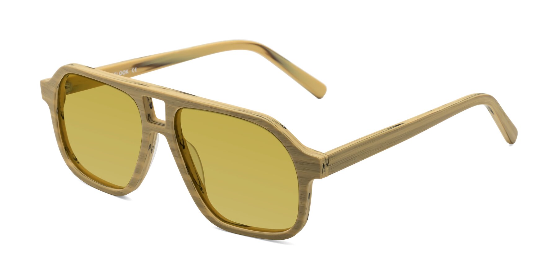 Angle of Edwood in Egg Yolk Woodgrain with Champagne Tinted Lenses