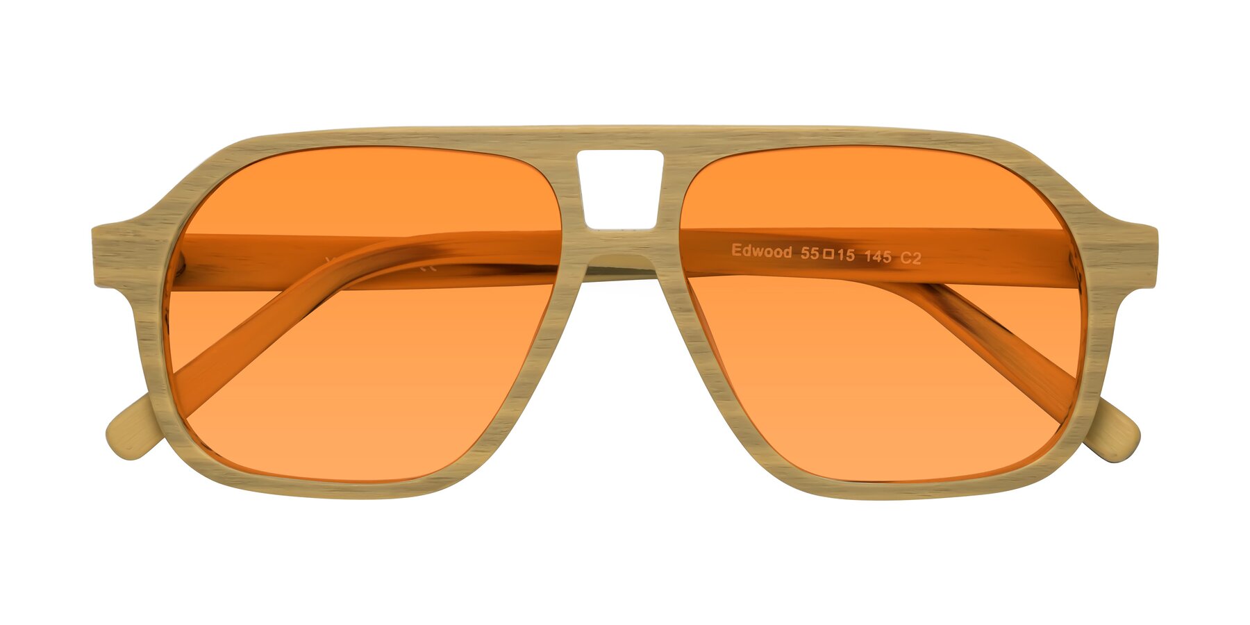 Folded Front of Edwood in Egg Yolk Woodgrain with Orange Tinted Lenses