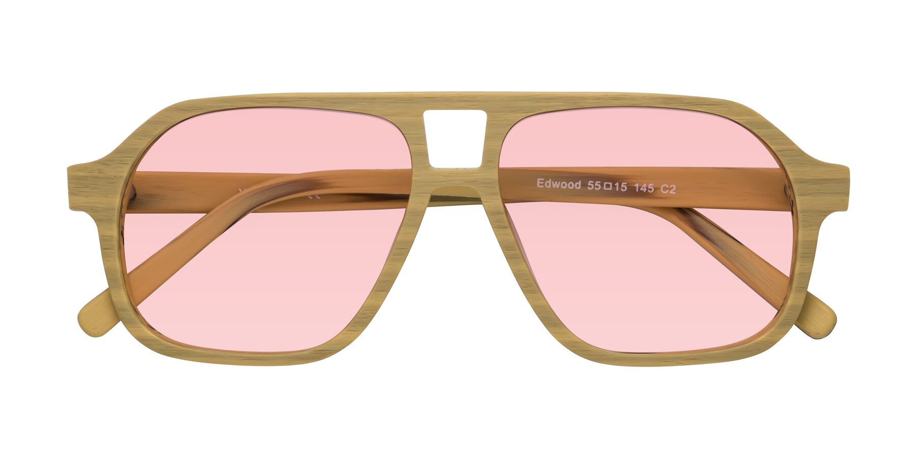 Folded Front of Edwood in Egg Yolk Woodgrain with Light Garnet Tinted Lenses