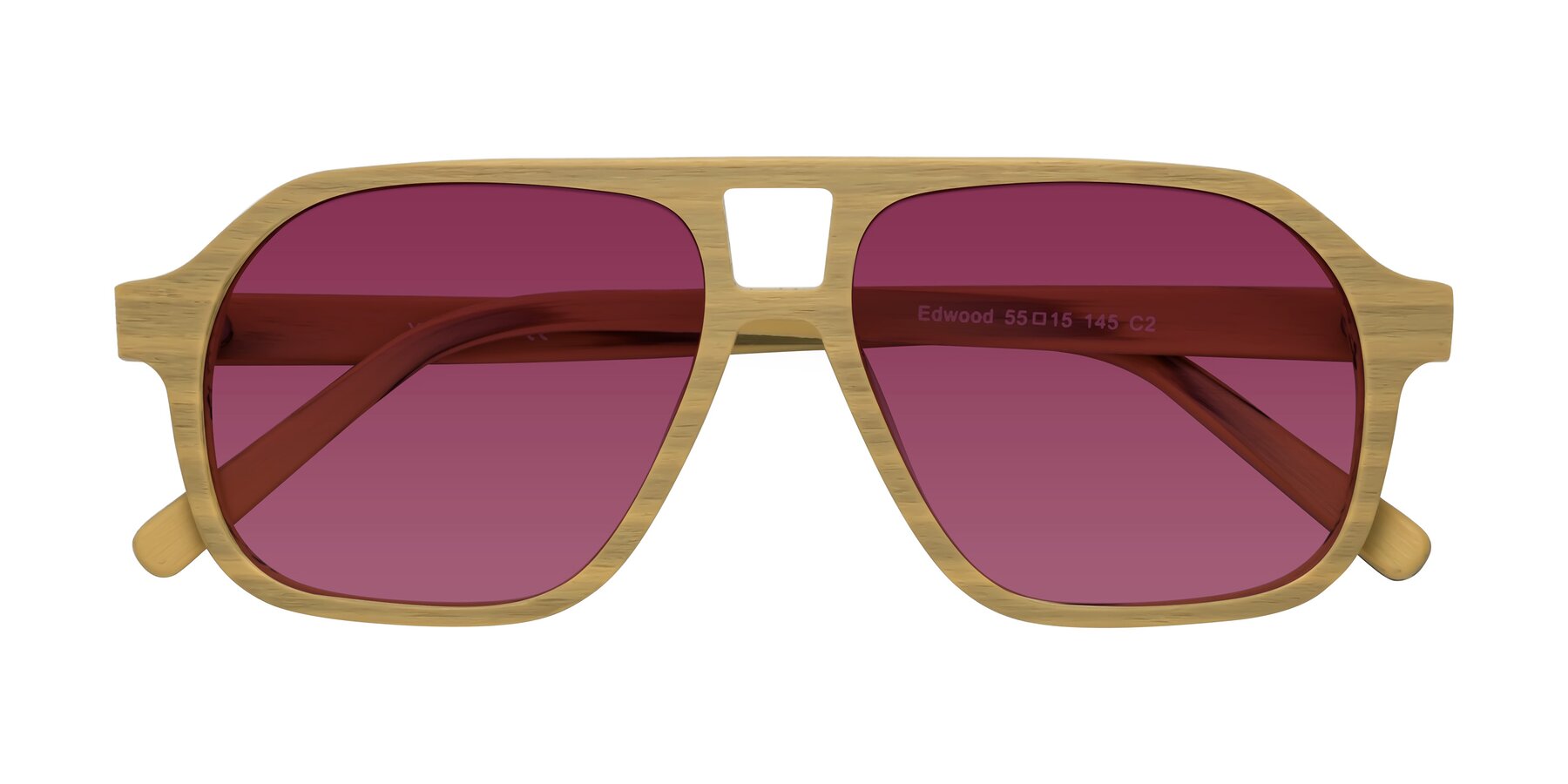 Folded Front of Edwood in Egg Yolk Woodgrain with Wine Tinted Lenses