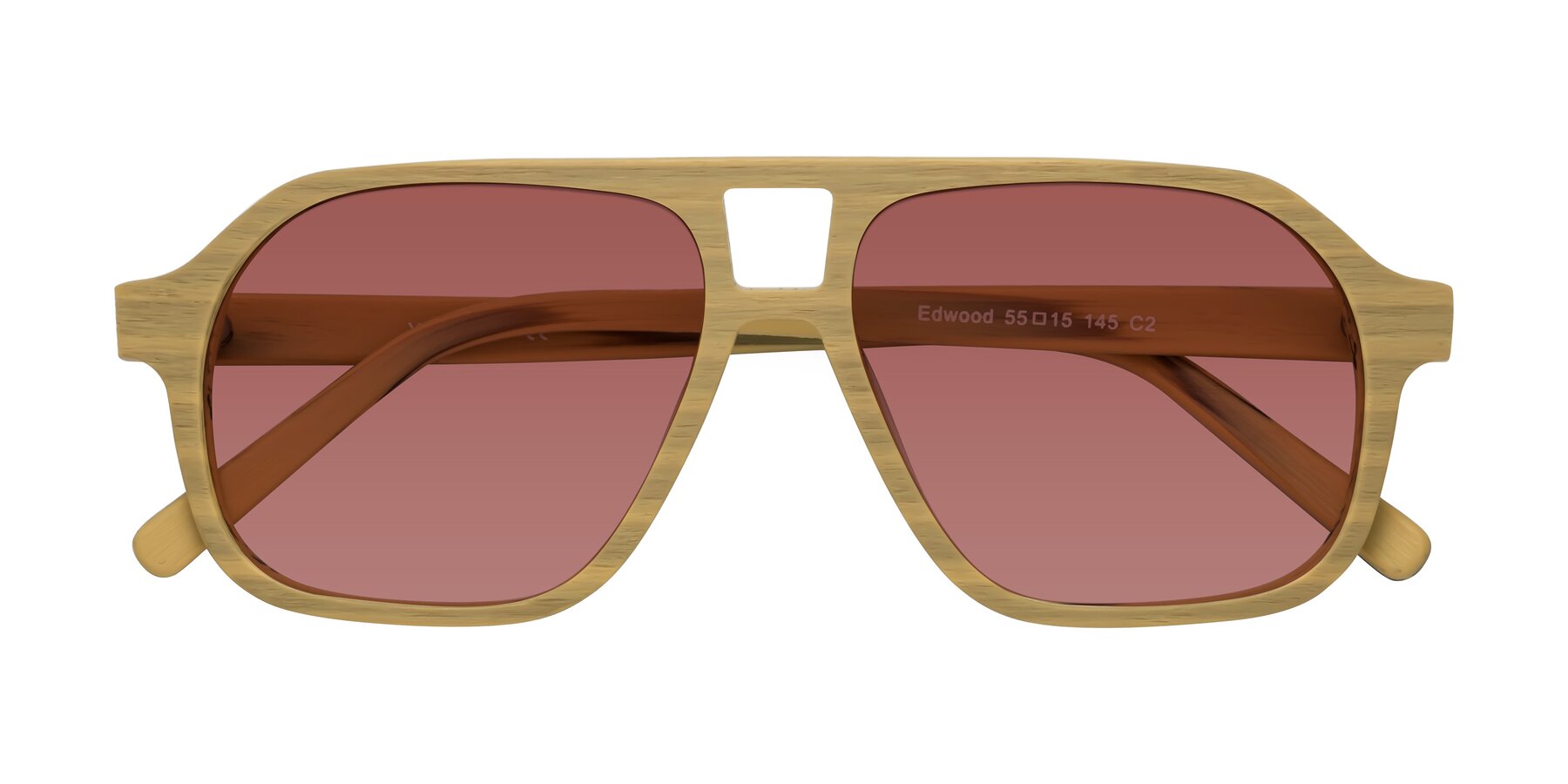 Folded Front of Edwood in Egg Yolk Woodgrain with Garnet Tinted Lenses