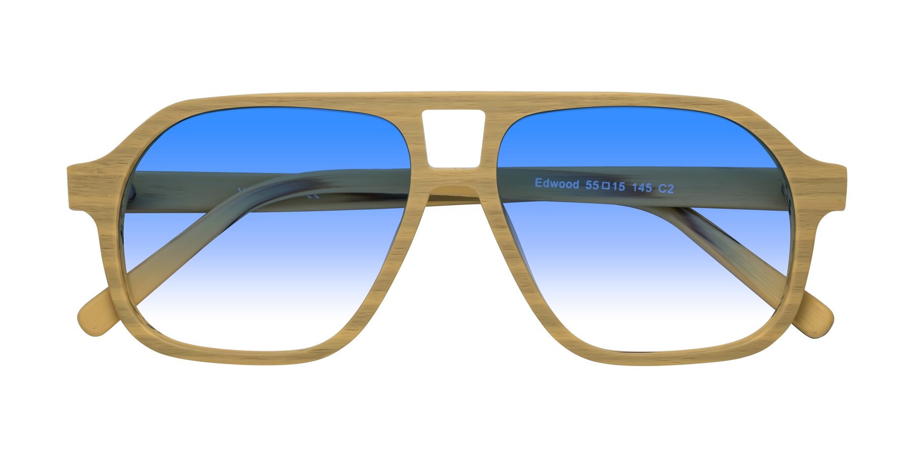 Folded Front of Edwood in Egg Yolk Woodgrain with Blue Gradient Lenses